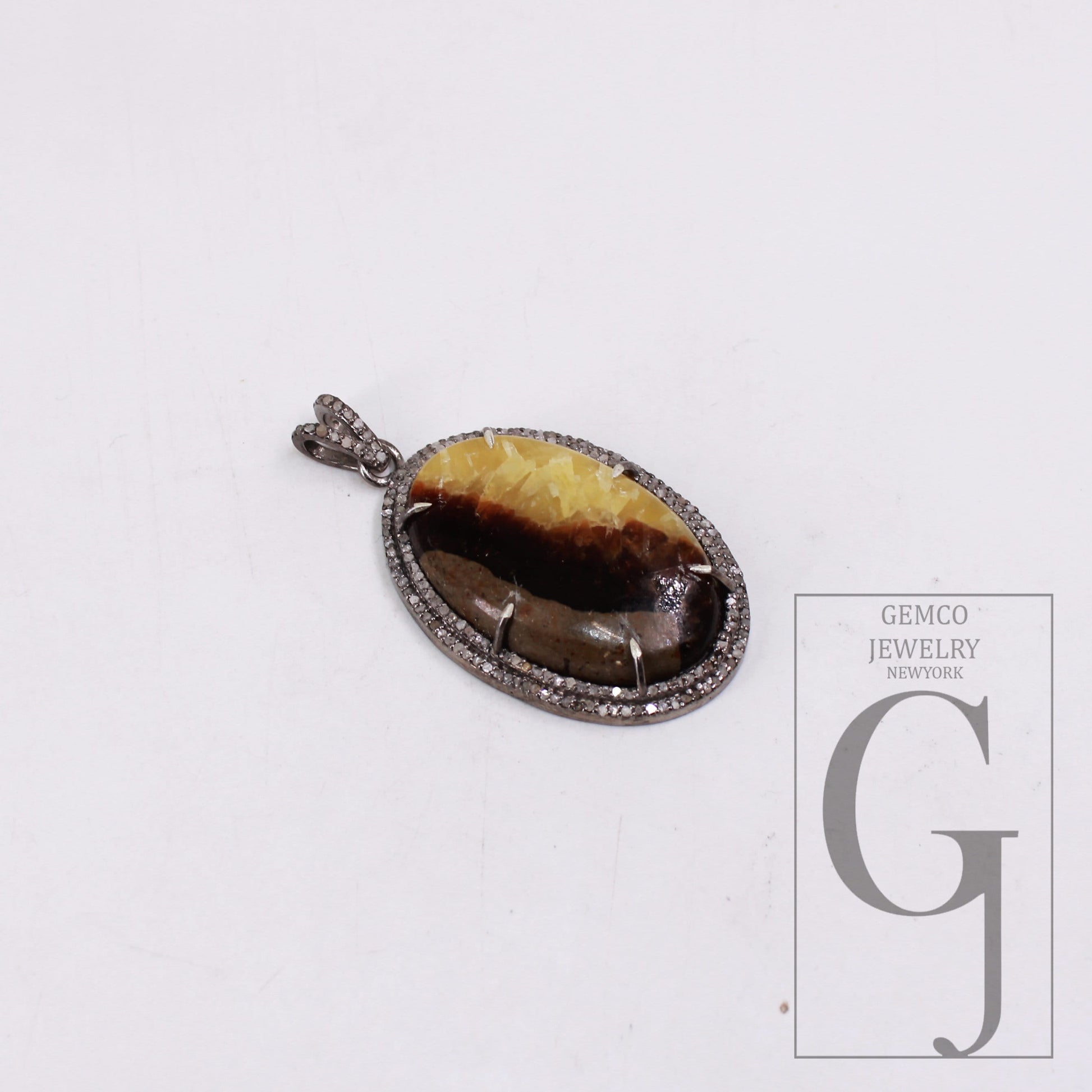 34.10ct Septarian jasper pendant gemstone designer Rosecut pave diamond pendant 925 sterling silver handmade finish diamond necklace pendant