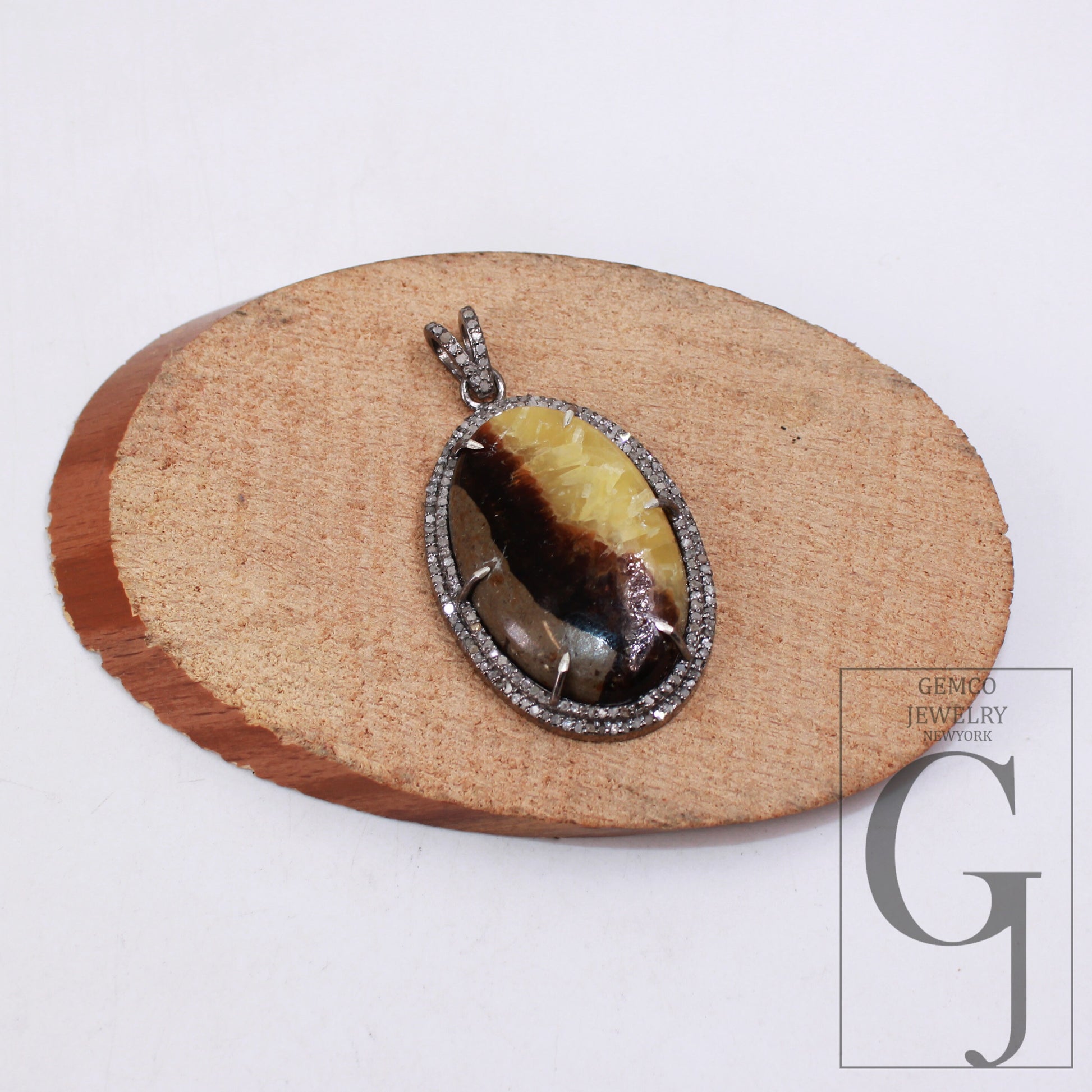 34.10ct Septarian jasper pendant gemstone designer Rosecut pave diamond pendant 925 sterling silver handmade finish diamond necklace pendant