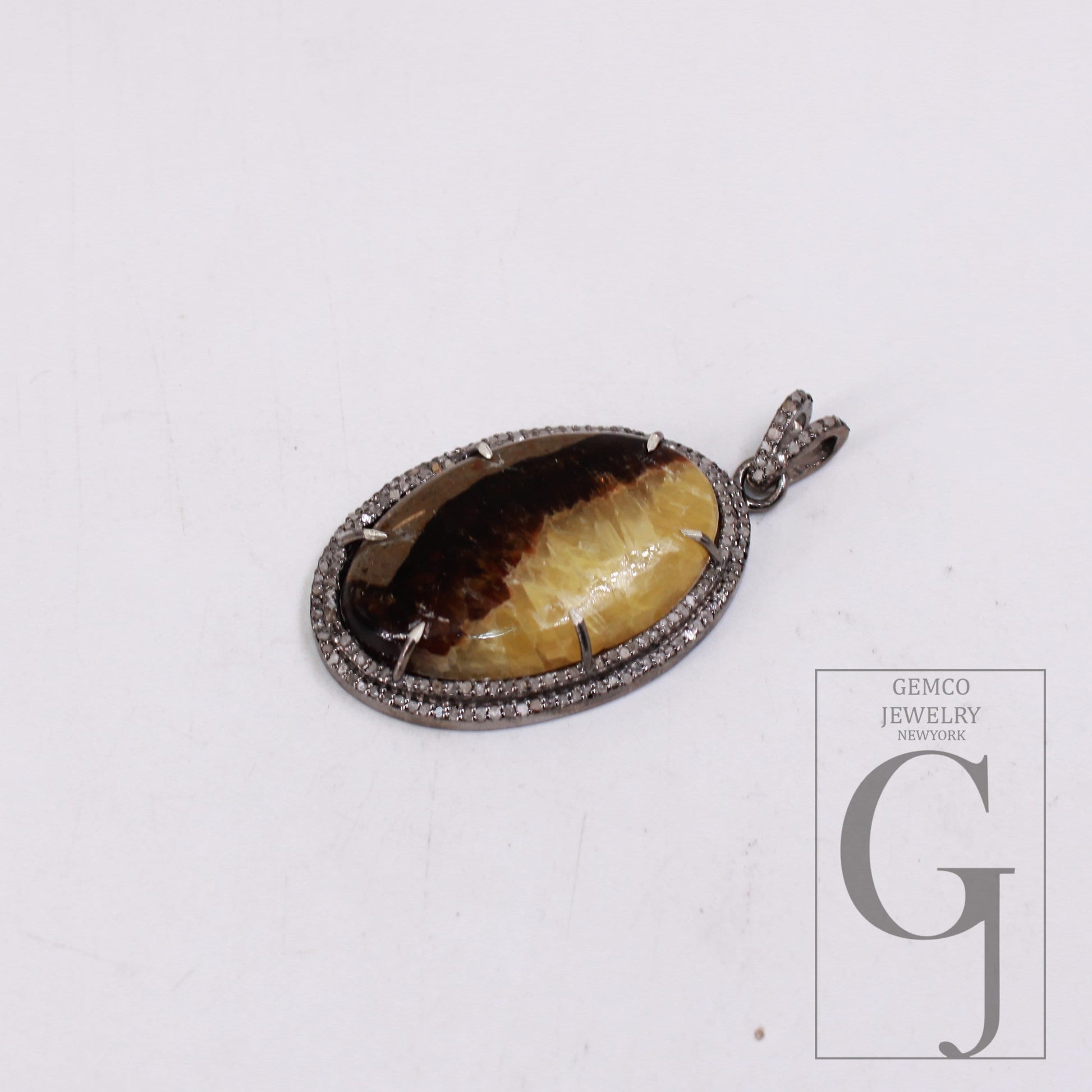 34.10ct Septarian jasper pendant gemstone designer Rosecut pave diamond pendant 925 sterling silver handmade finish diamond necklace pendant