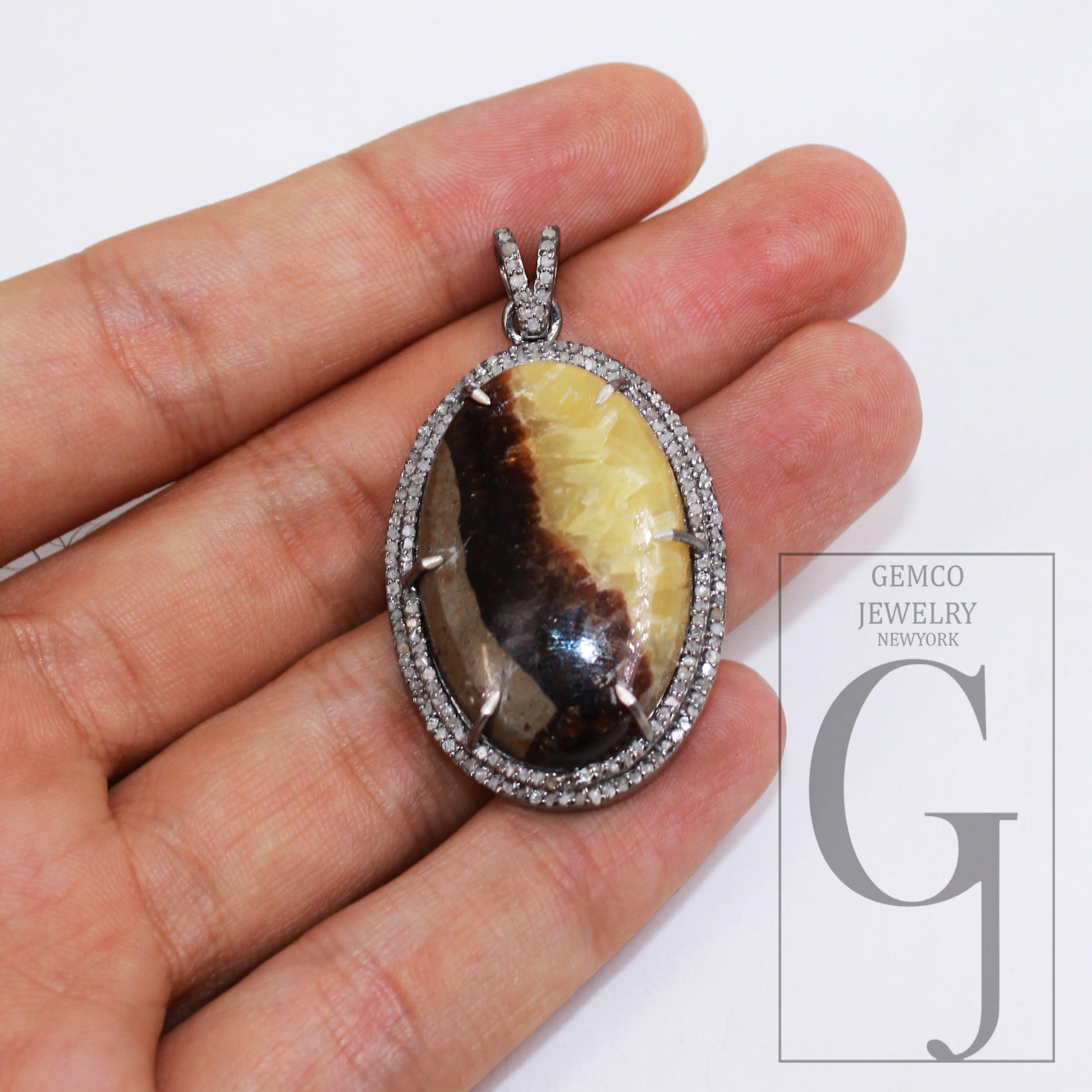 34.10ct Septarian jasper pendant gemstone designer Rosecut pave diamond pendant 925 sterling silver handmade finish diamond necklace pendant