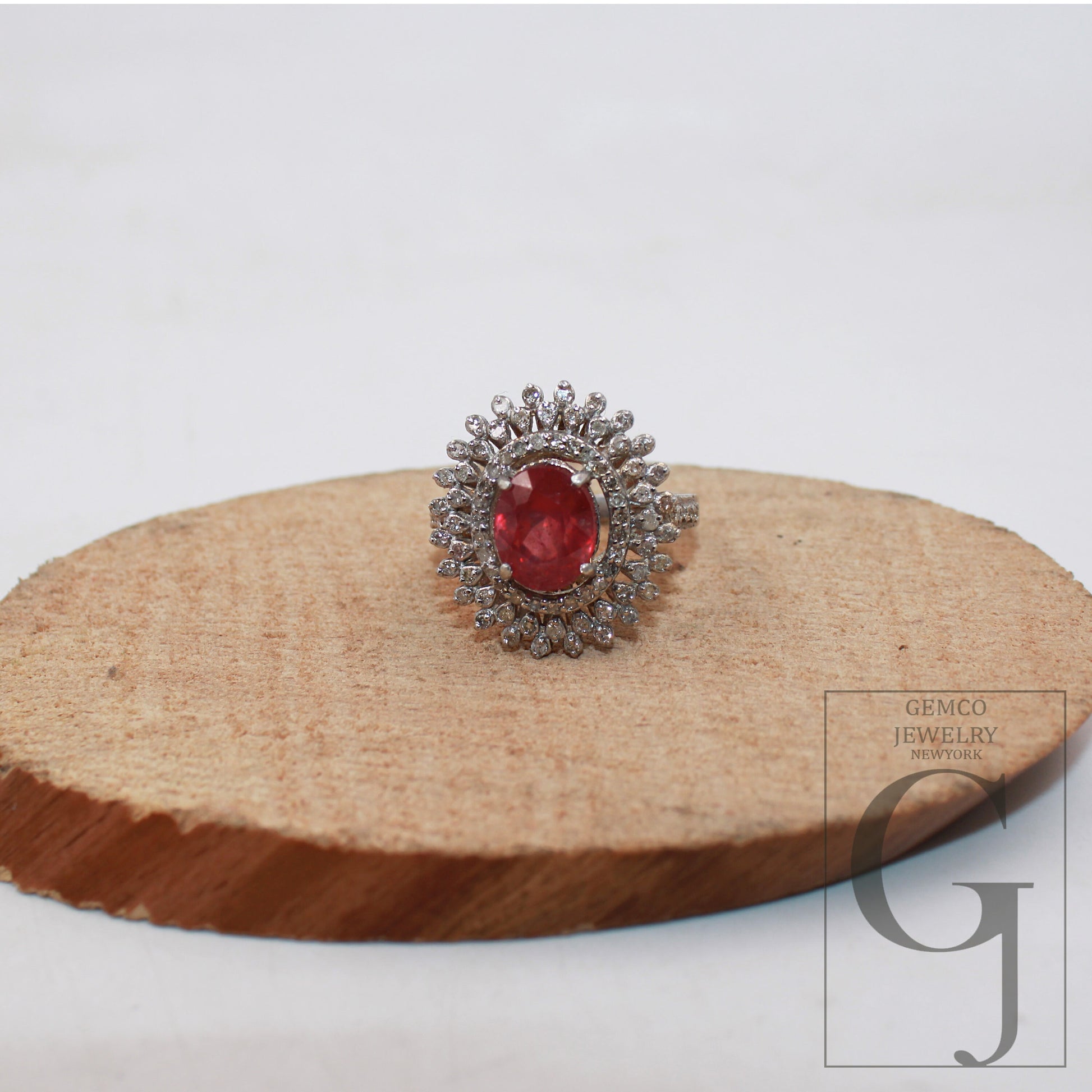 Beautiful Red Ruby Ring Designer Rosecut Pave Diamond Rings 925 Sterling Silver Handmade Silver Finish Ruby Diamond Statement Ring Jewelry