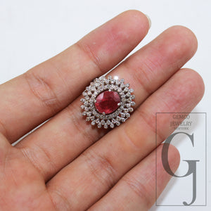 Beautiful Red ruby ring designer Rosecut pave diamond rings 925 sterling silver handmade silver finish ruby diamond statement ring jewelry