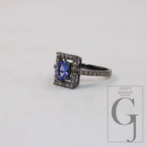 Antique Look Natural Tanzanite Ring Rosecut Pave Diamond Rings 925 Sterling Silver Handmade Silver Finish Diamond Ring Statement Jewelry