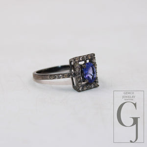 Antique Look Natural Tanzanite Ring Rosecut Pave Diamond Rings 925 Sterling Silver Handmade Silver Finish Diamond Ring Statement Jewelry