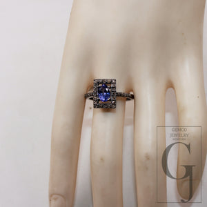 Antique look natural tanzanite ring Rosecut pave diamond rings 925 sterling silver handmade silver finish diamond ring statement jewelry