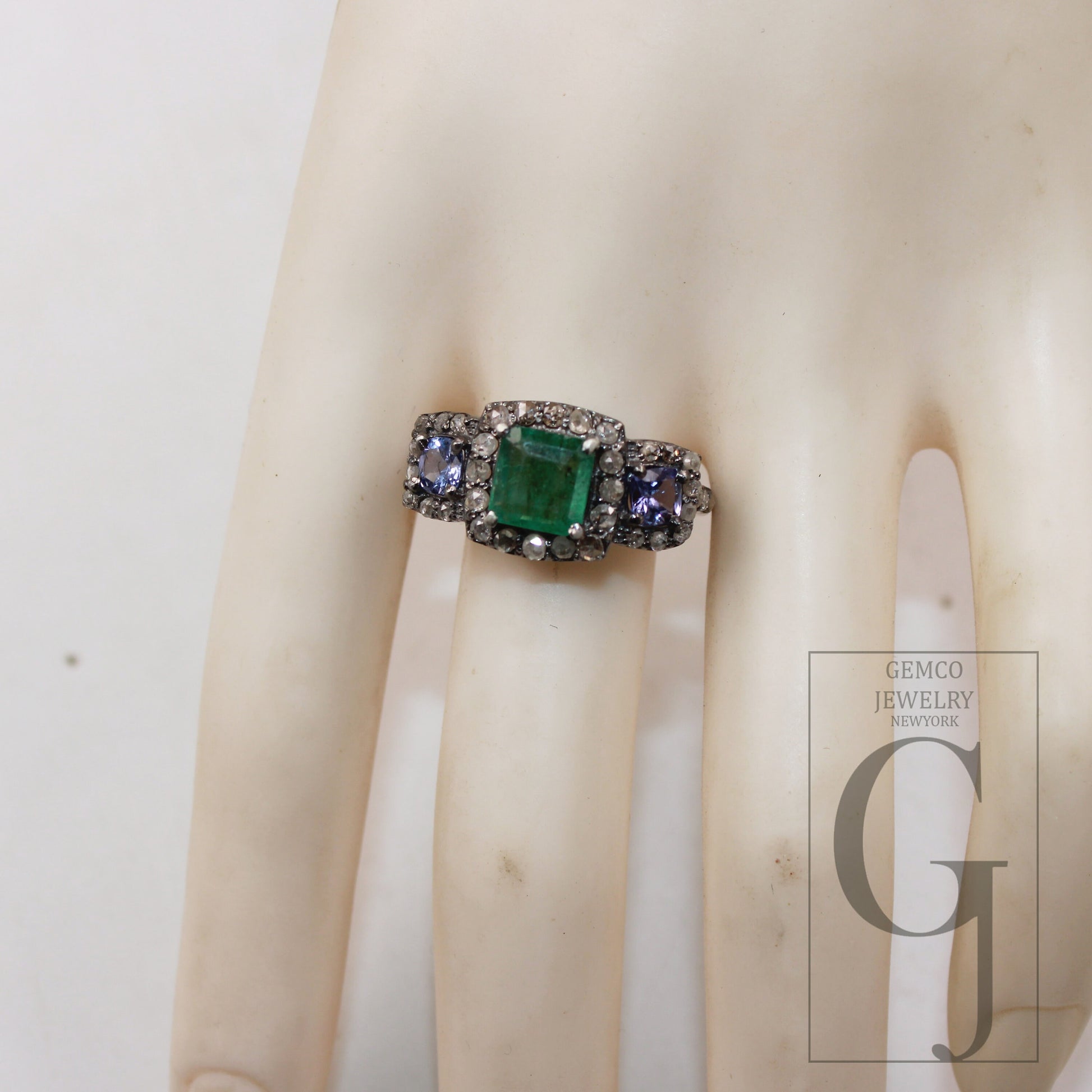 1pc Oxidized finish look tanzanite emerald ring designer Rosecut pave diamond rings 925 sterling silver handmade silver finish diamond ring