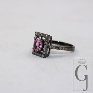 1pc Beautiful Pink Tourmaline Ring Designer Rosecut Pave Diamond Rings 925 Sterling Silver Handmade Silver Finish Diamond Gift Ring Jewelry