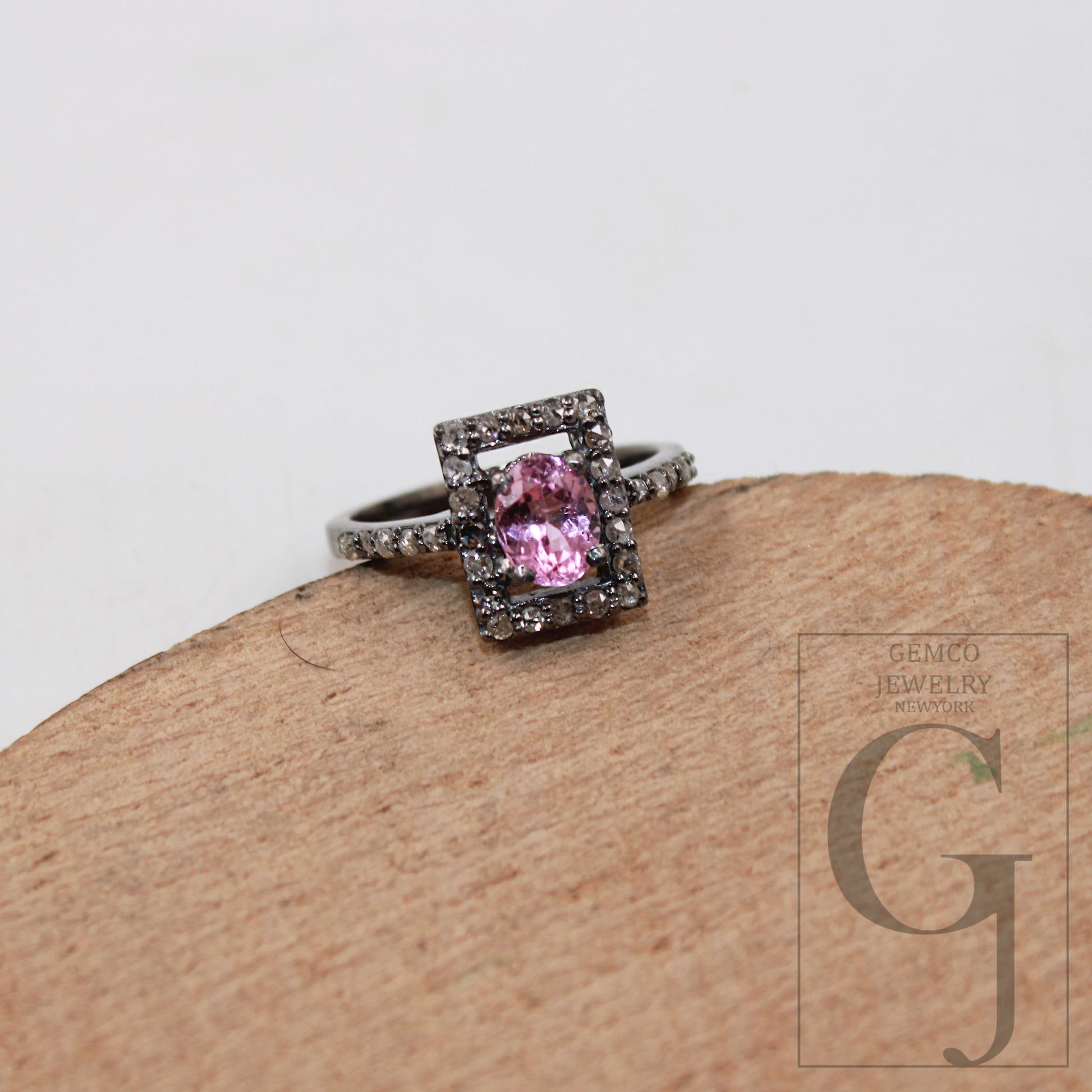 1pc Beautiful pink tourmaline ring designer Rosecut pave diamond rings 925 sterling silver handmade silver finish diamond gift ring jewelry