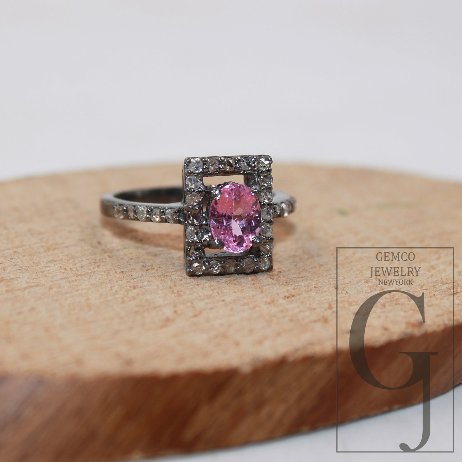 1pc Beautiful pink tourmaline ring designer Rosecut pave diamond rings 925 sterling silver handmade silver finish diamond gift ring jewelry