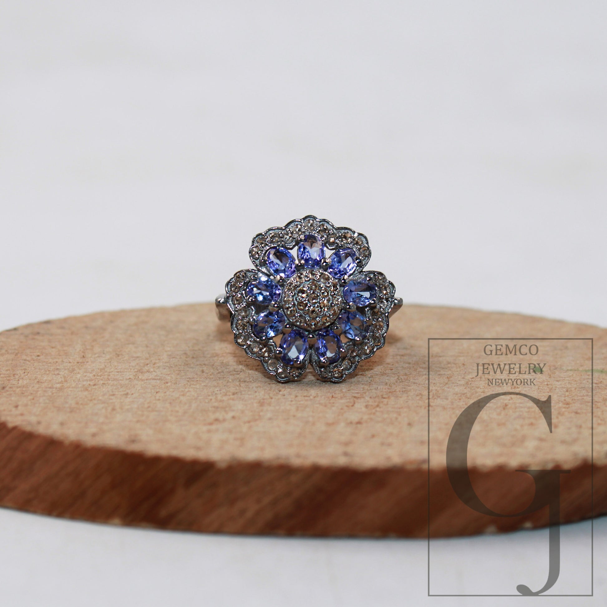 Beautiful designer natural tanzanite flower ring Rosecut pave diamond rings 925 sterling silver handmade silver finish diamond ring jewelry