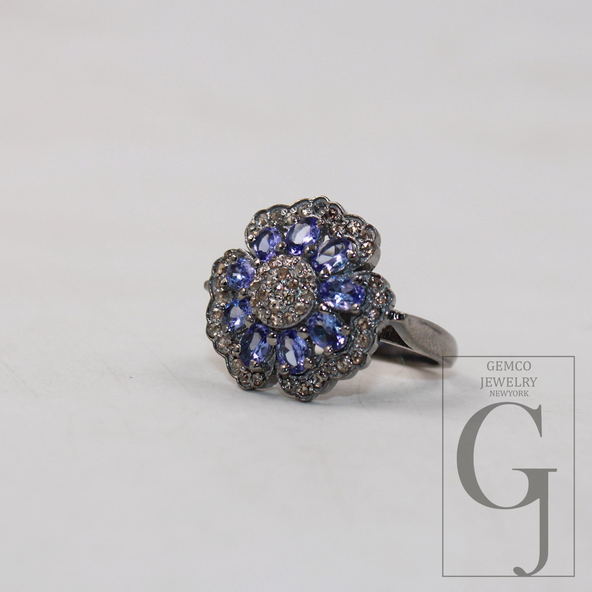 Beautiful designer natural tanzanite flower ring Rosecut pave diamond rings 925 sterling silver handmade silver finish diamond ring jewelry