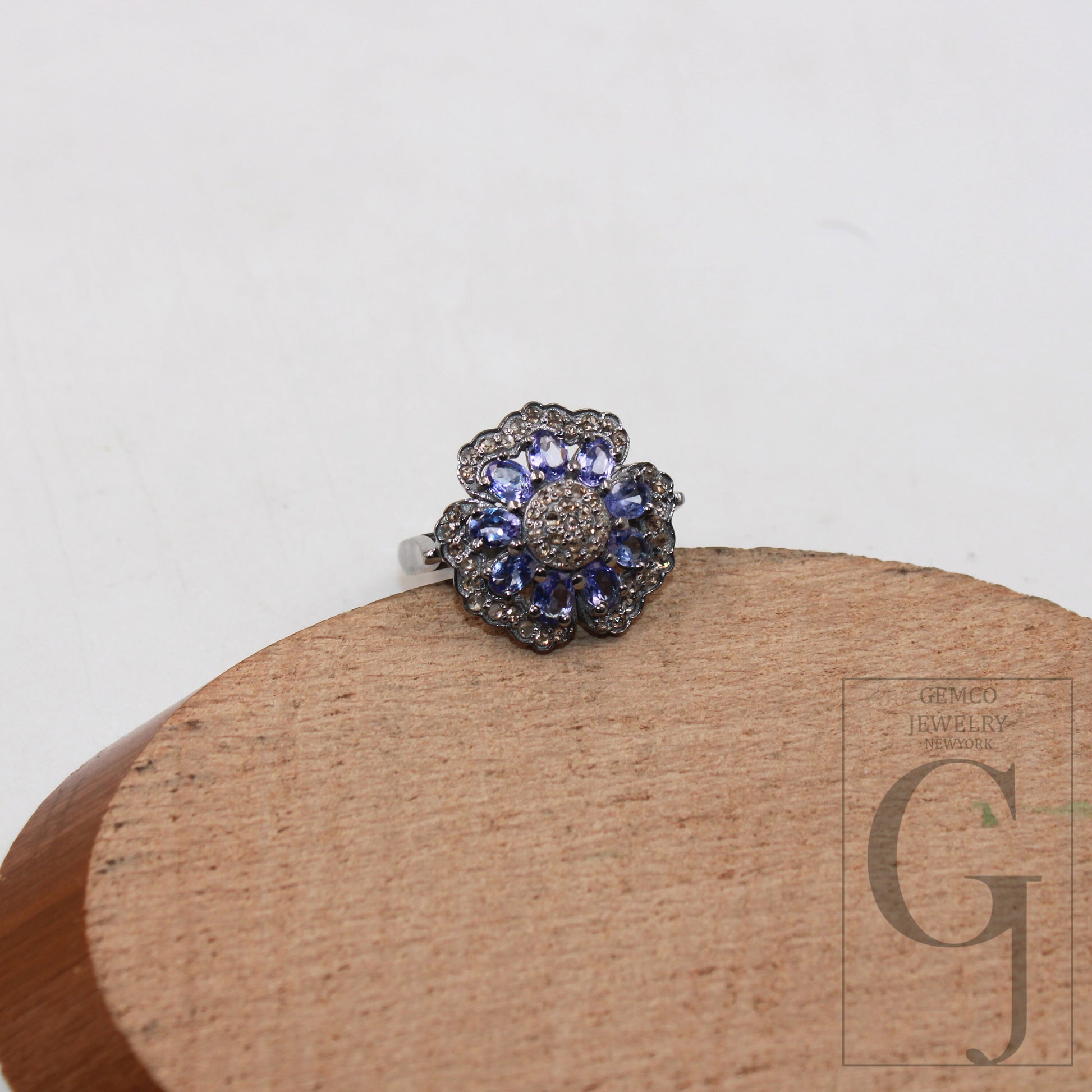 Beautiful Designer Natural Tanzanite Flower Ring Rosecut Pave Diamond Rings 925 Sterling Silver Handmade Silver Finish Diamond Ring Jewelry