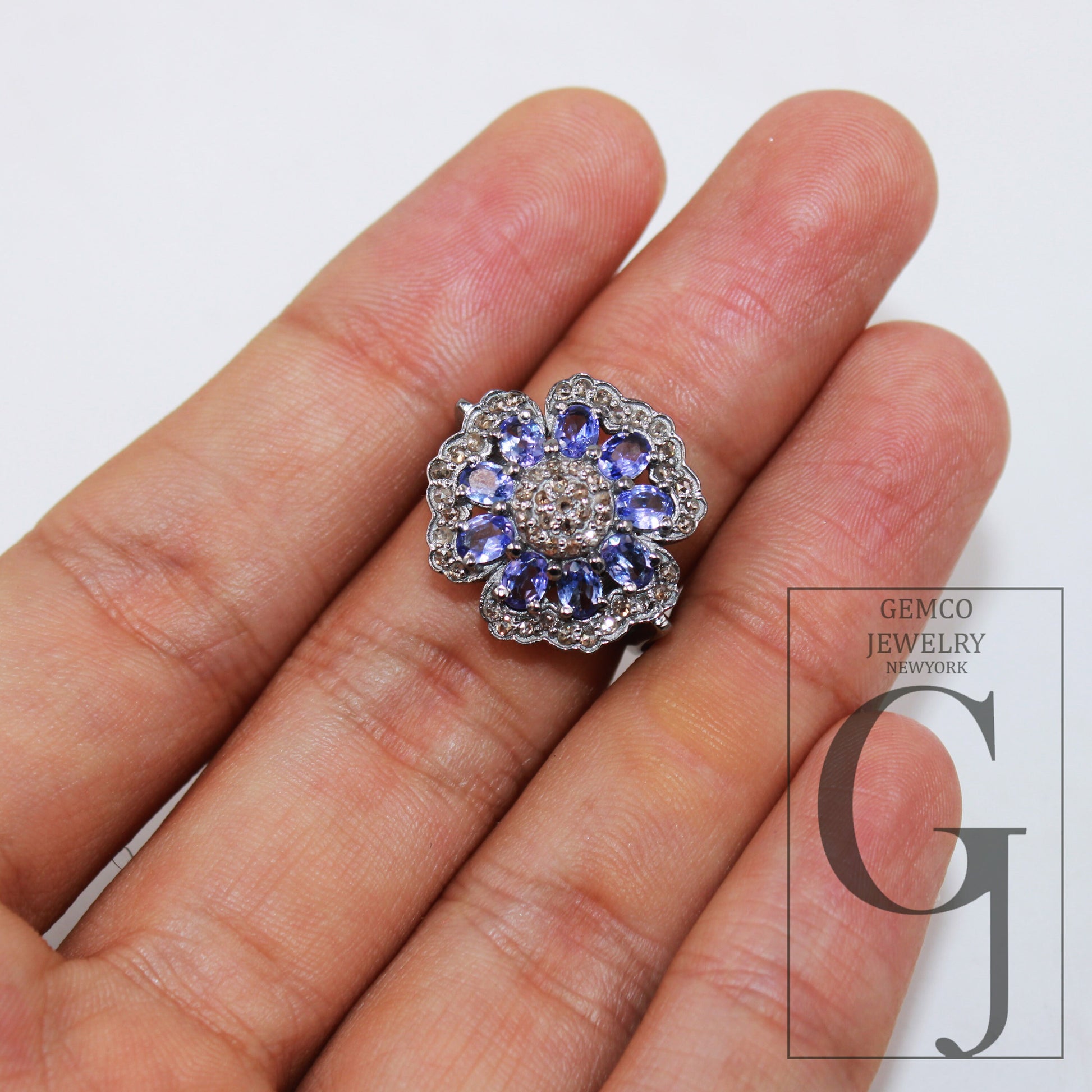 Beautiful designer natural tanzanite flower ring Rosecut pave diamond rings 925 sterling silver handmade silver finish diamond ring jewelry