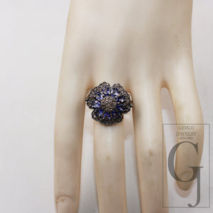 Beautiful designer natural tanzanite flower ring Rosecut pave diamond rings 925 sterling silver handmade silver finish diamond ring jewelry