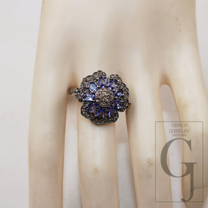 Beautiful designer natural tanzanite flower ring Rosecut pave diamond rings 925 sterling silver handmade silver finish diamond ring jewelry