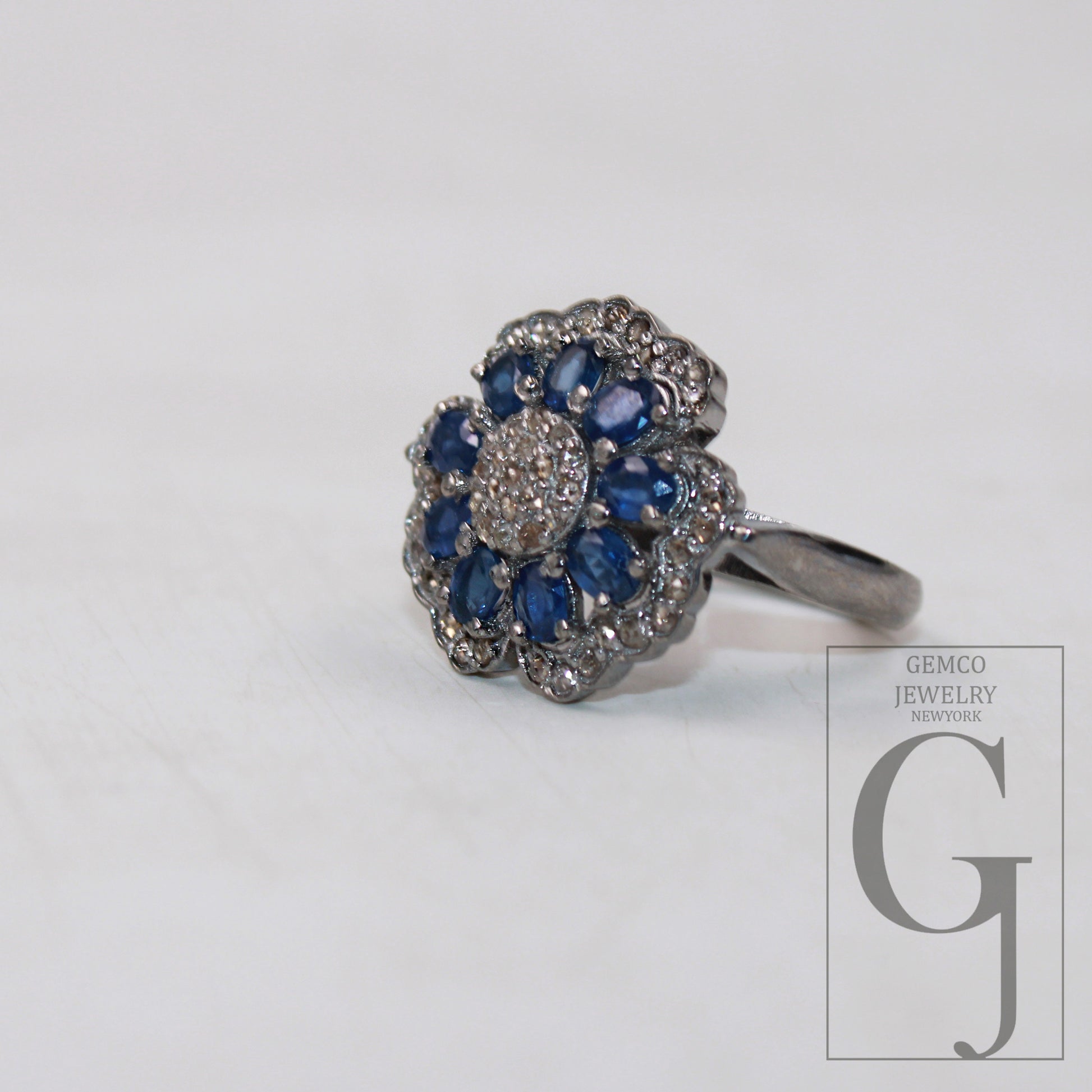 Natural blue sapphire flower designer ring Rosecut pave diamond rings 925 sterling silver handmade silver finish diamond ring jewelry