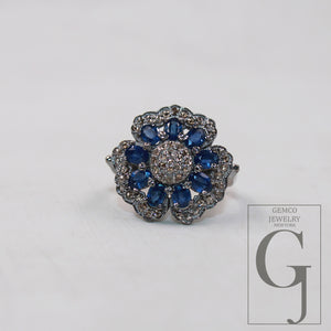 Natural blue sapphire flower designer ring Rosecut pave diamond rings 925 sterling silver handmade silver finish diamond ring jewelry