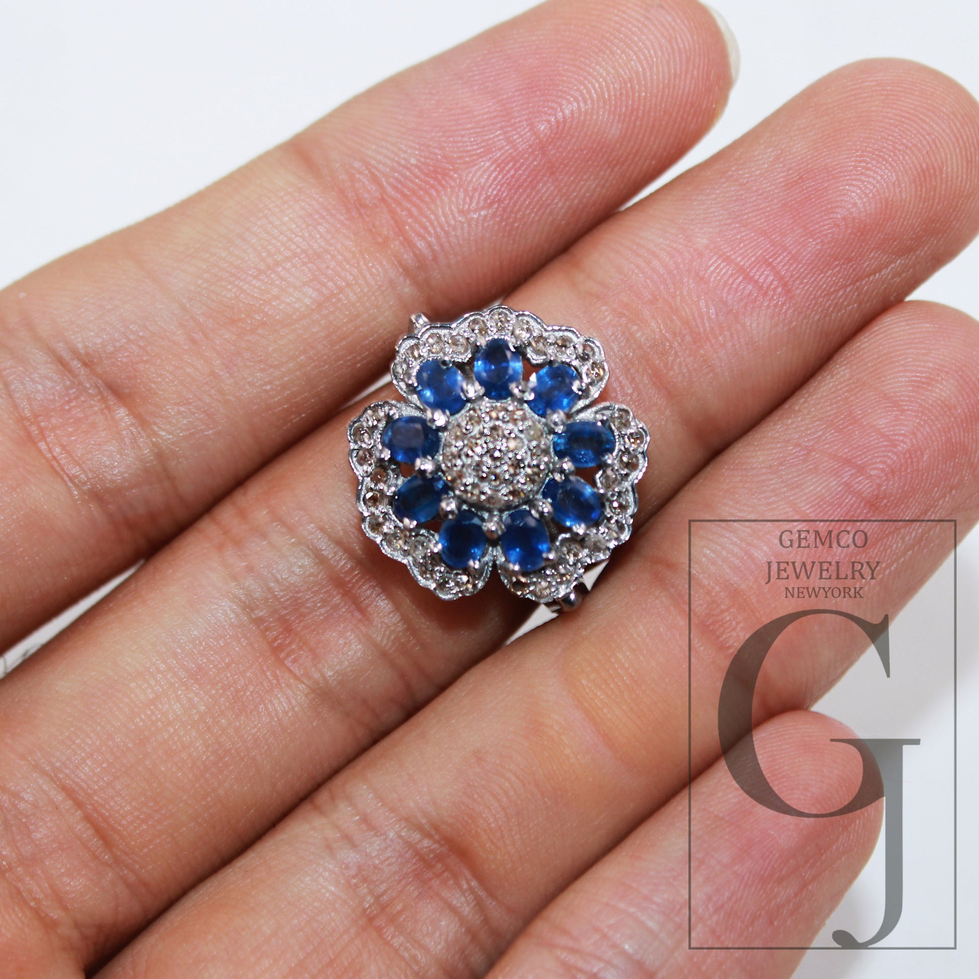 Natural blue sapphire flower designer ring Rosecut pave diamond rings 925 sterling silver handmade silver finish diamond ring jewelry