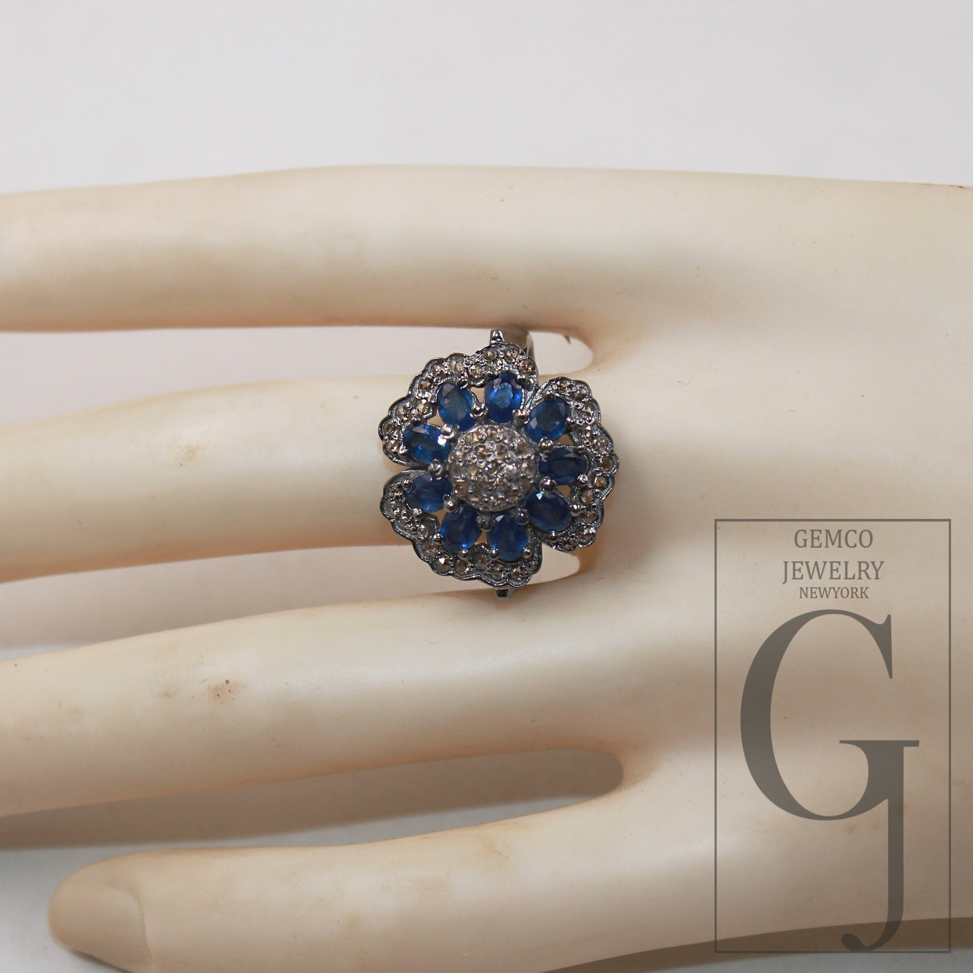 Natural blue sapphire flower designer ring Rosecut pave diamond rings 925 sterling silver handmade silver finish diamond ring jewelry