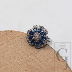 Natural blue sapphire flower designer ring Rosecut pave diamond rings 925 sterling silver handmade silver finish diamond ring jewelry