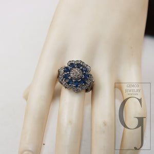 Natural blue sapphire flower designer ring Rosecut pave diamond rings 925 sterling silver handmade silver finish diamond ring jewelry