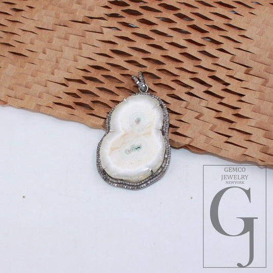 Druzy Agate Slice white SOLAR Agate pendant Rosecut pave diamond pendant 925 sterling silver handmade finish diamond charm necklace pendant