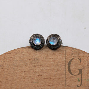 Pave Diamond Moonstone Stud Earring Pave Diamond Earring 925 Sterling Silver Earring Pave Diamond Silver Earring Diamond Earring Jewelry