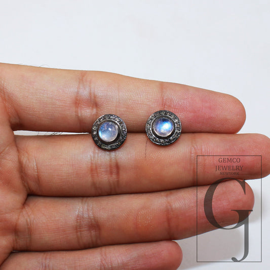 Pave Diamond Moonstone Stud Earring Pave Diamond Earring 925 Sterling Silver Earring Pave Diamond Silver Earring Diamond Earring Jewelry