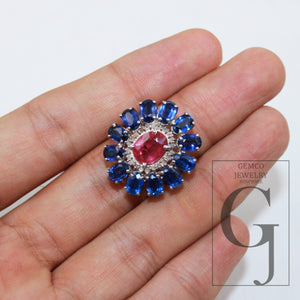 Antique look blue kyanite red ruby ring designer Rosecut pave handmade diamond rings 925 sterling silver handmade silver finish diamond ring