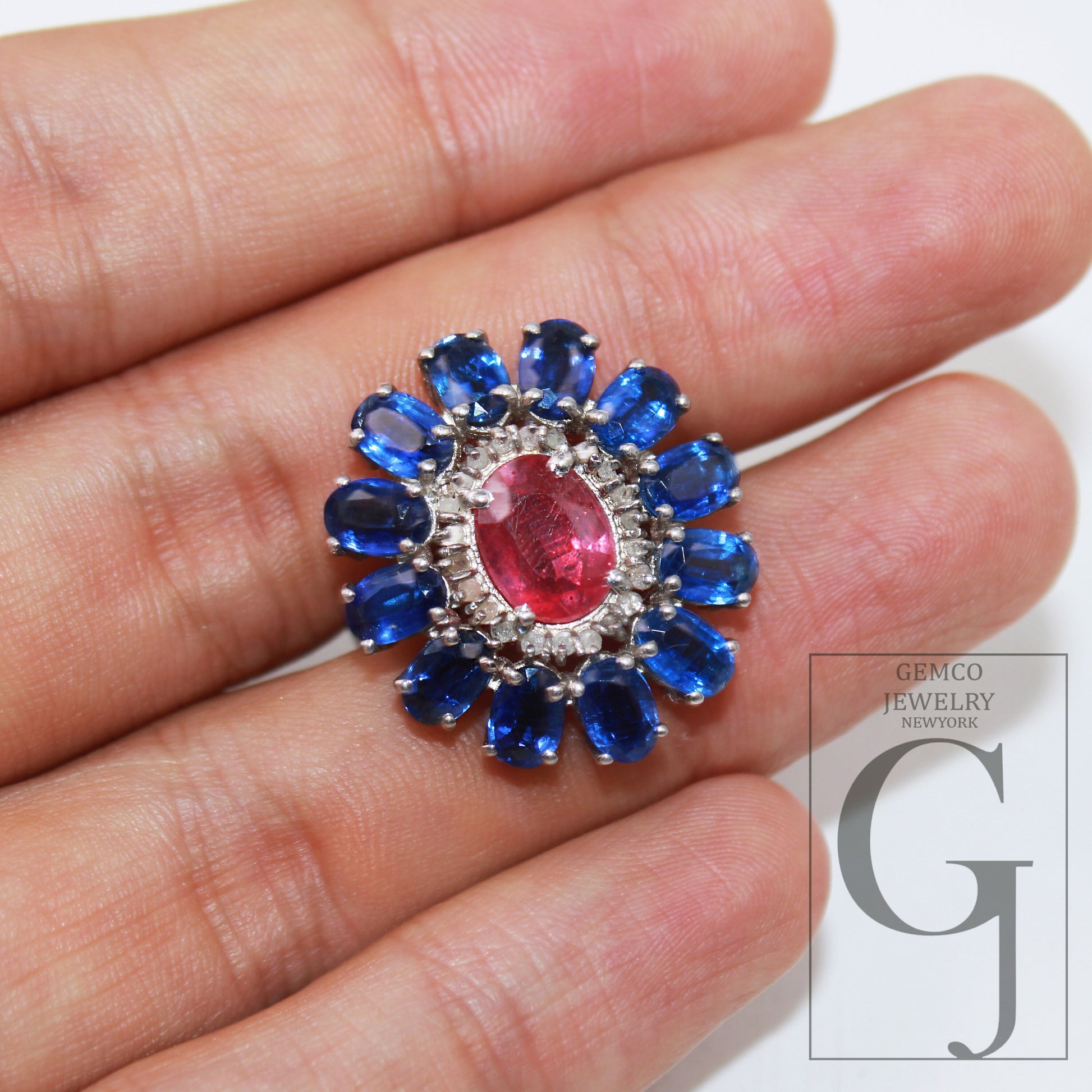 Antique Look Blue Kyanite Red Ruby Ring Designer Rosecut Pave Handmade Diamond Rings 925 Sterling Silver Handmade Silver Finish Diamond Ring