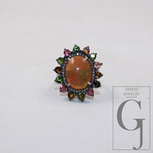 Beautiful Red Fire Opal ring multi tourmaline ring design Rosecut pave diamond ring 925 sterling silver handmade finish diamond ring jewelry