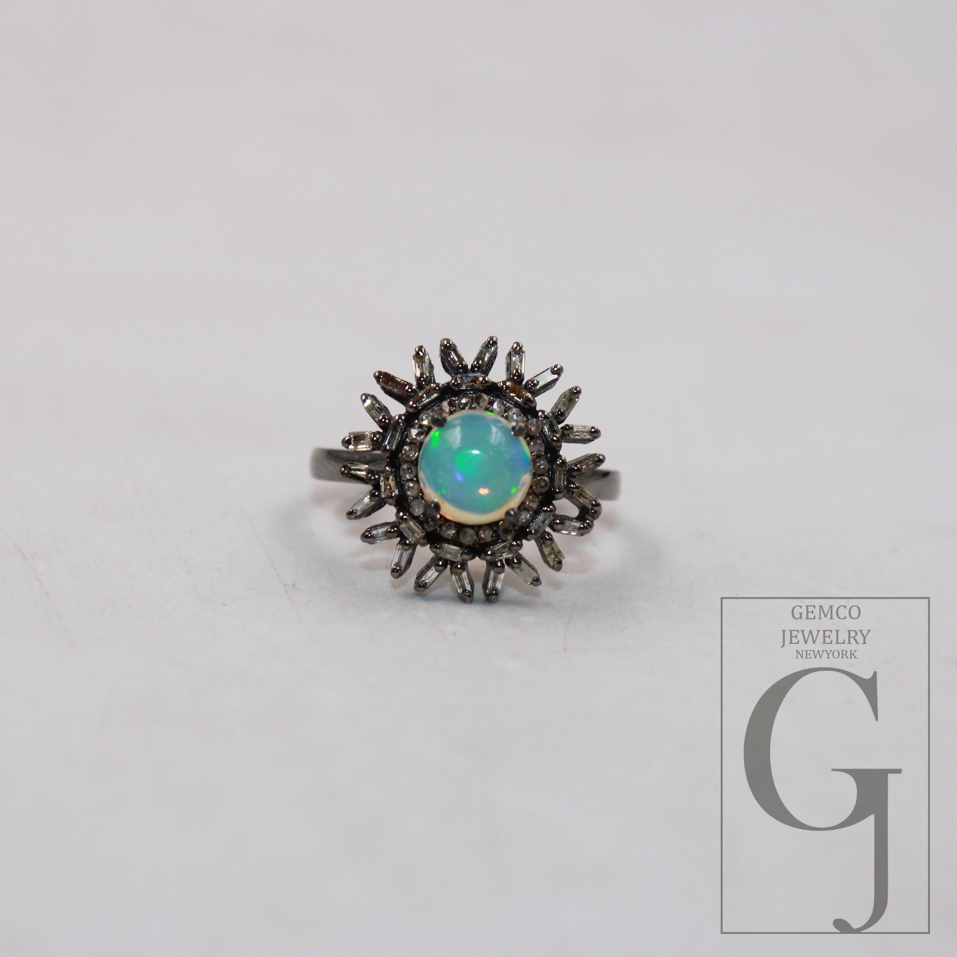 opal ring beautiful designer Rosecut pave diamond rings 925 sterling silver handmade silver finish Baguette diamond ring jewelry