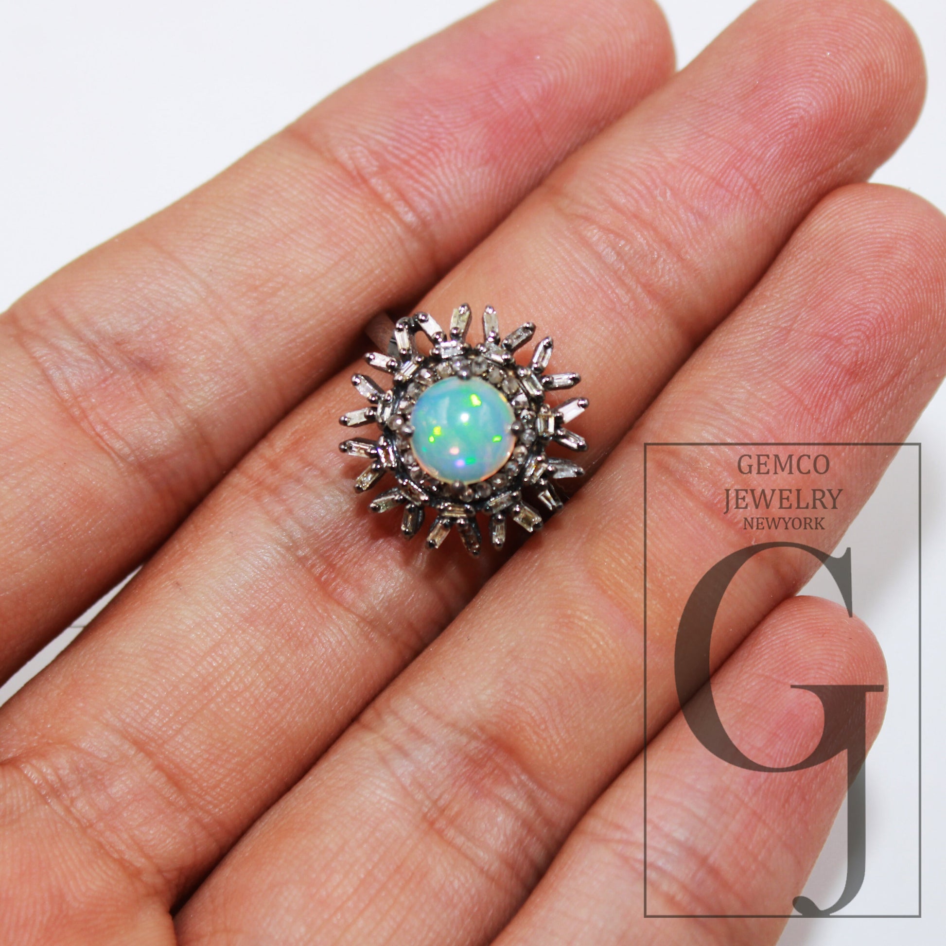 opal ring beautiful designer Rosecut pave diamond rings 925 sterling silver handmade silver finish Baguette diamond ring jewelry