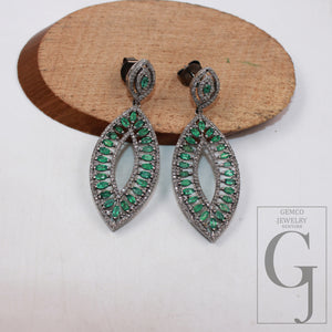 Oxidized look emerald earring designer Rosecut pave diamond earrings 925 sterling silver handmade silver finish diamond earring jewelry