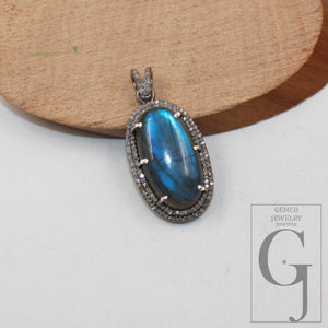 1pc Beautiful designer labradorite pendant Rosecut pave diamond pendant 925 sterling silver handmade finish diamond charms necklace pendant