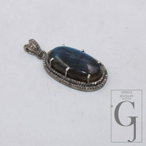 1pc Beautiful Designer Labradorite Pendant Rosecut Pave Diamond Pendant 925 Sterling Silver Handmade Finish Diamond Charms Necklace Pendant