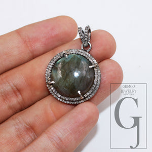 1pc Antique Round labradorite pendant designer Rosecut pave diamond 925 sterling silver handmade finish pendant diamond charm necklace