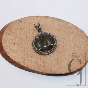 1pc Antique Round labradorite pendant designer Rosecut pave diamond 925 sterling silver handmade finish pendant diamond charm necklace