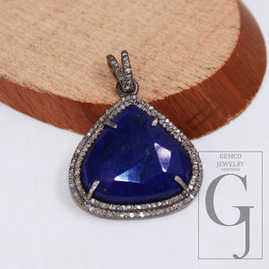 1pc Beautiful Designer Lapis Pendant Rosecut Pave Diamond Pendant 925 Sterling Silver Handmade Finish Diamond Charm Necklace Pendant Jewelry