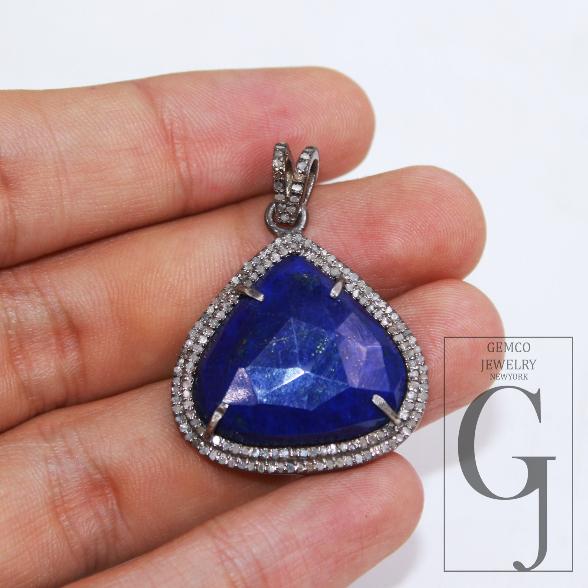 1pc Beautiful Designer Lapis Pendant Rosecut Pave Diamond Pendant 925 Sterling Silver Handmade Finish Diamond Charm Necklace Pendant Jewelry
