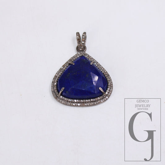 1pc Beautiful Designer Lapis Pendant Rosecut Pave Diamond Pendant 925 Sterling Silver Handmade Finish Diamond Charm Necklace Pendant Jewelry