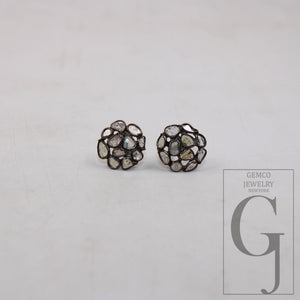 1 pair Beautiful 14k Gold  Pave Rosecut Diamond 925 Sterling Silver Handmade Very Beautiful Tourmaline Diamond Pave Stud Earrings