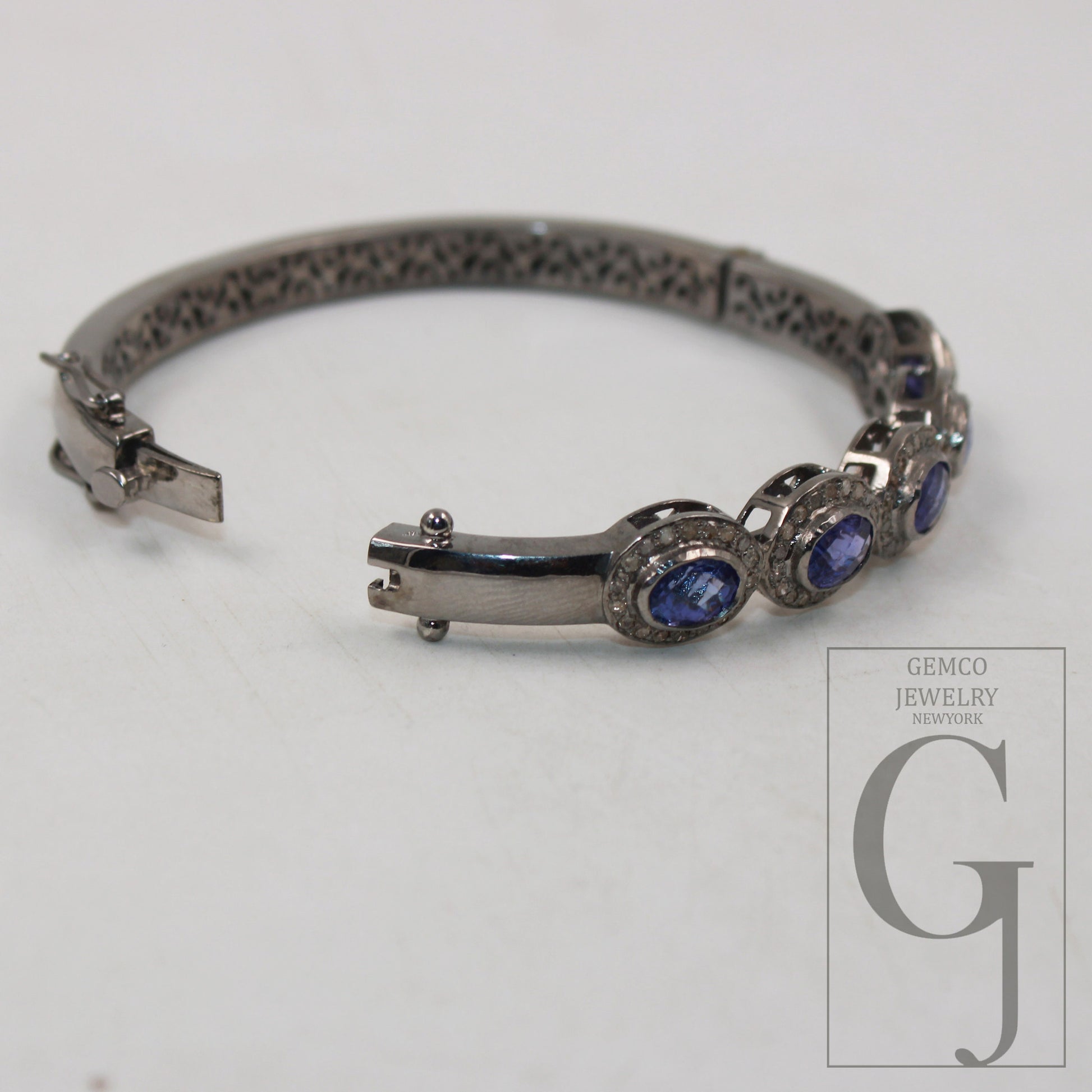 Antique Oxidized Look Tanzanite Bangle Rosecut Pave Diamond Bracelet 925 Sterling Silver Handmade Finish Diamond Bangle Bracelet Jewelry