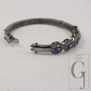 Antique Oxidized Look Tanzanite Bangle Rosecut Pave Diamond Bracelet 925 Sterling Silver Handmade Finish Diamond Bangle Bracelet Jewelry