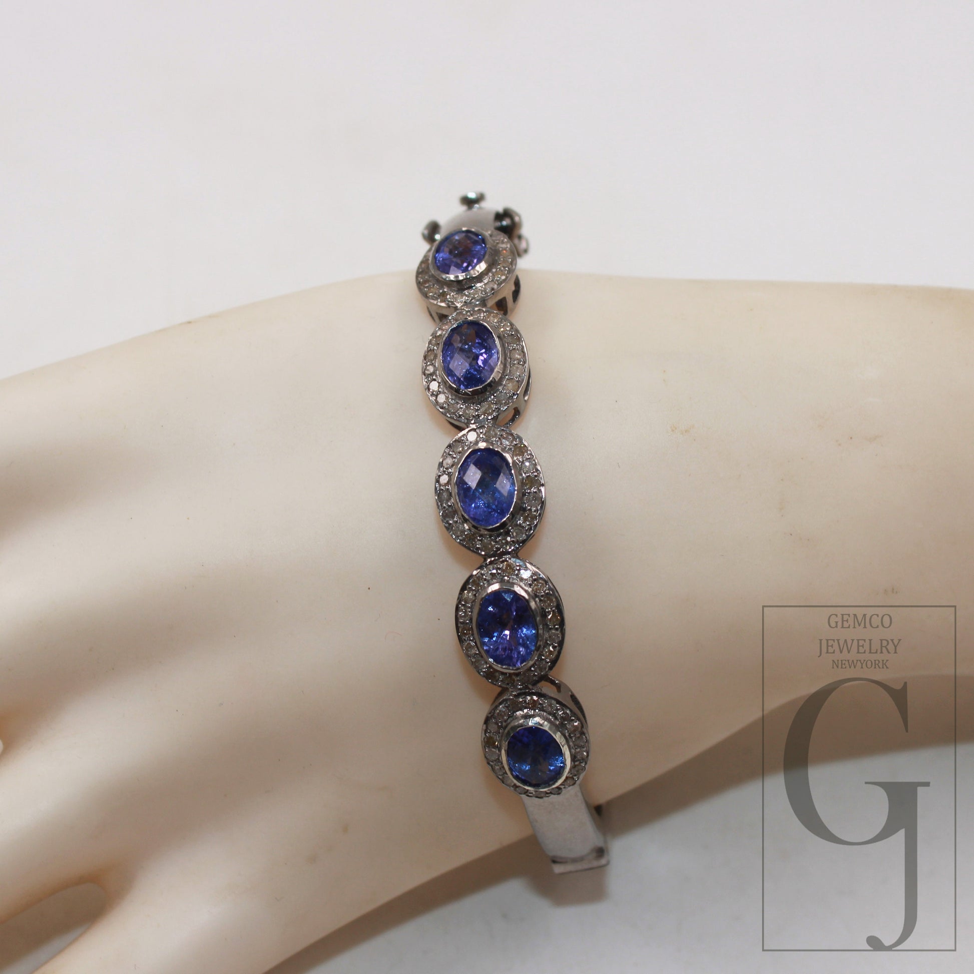 Antique Oxidized Look Tanzanite Bangle Rosecut Pave Diamond Bracelet 925 Sterling Silver Handmade Finish Diamond Bangle Bracelet Jewelry