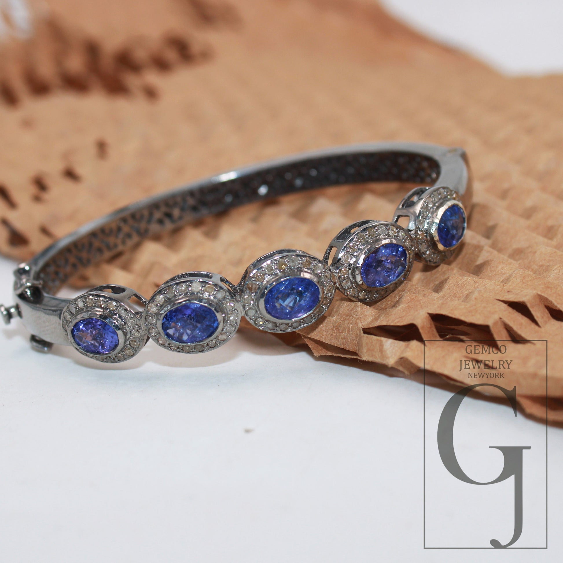 Antique Oxidized Look Tanzanite Bangle Rosecut Pave Diamond Bracelet 925 Sterling Silver Handmade Finish Diamond Bangle Bracelet Jewelry