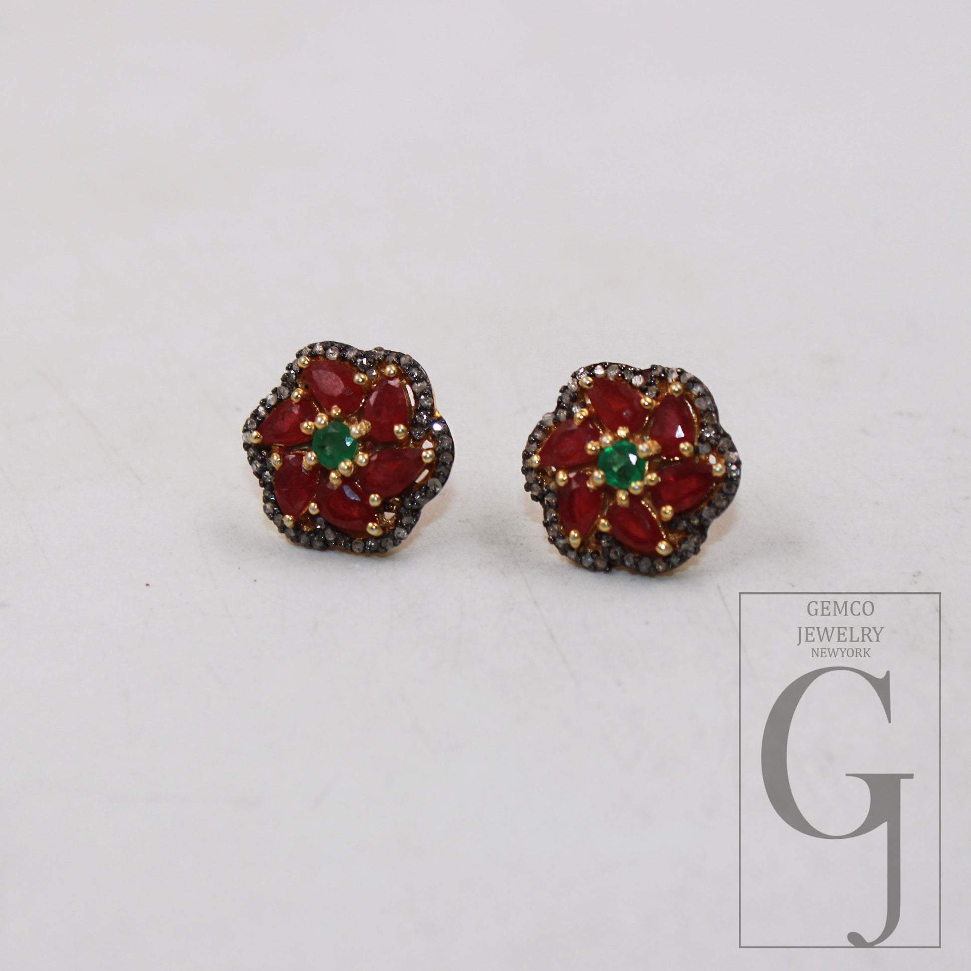 14k Gold Finish Designer Red Ruby And Emerald Earring Pave Rosecut Diamond 925 Sterling Silver Handmade Diamond Pave Stud Earrings Jewelry