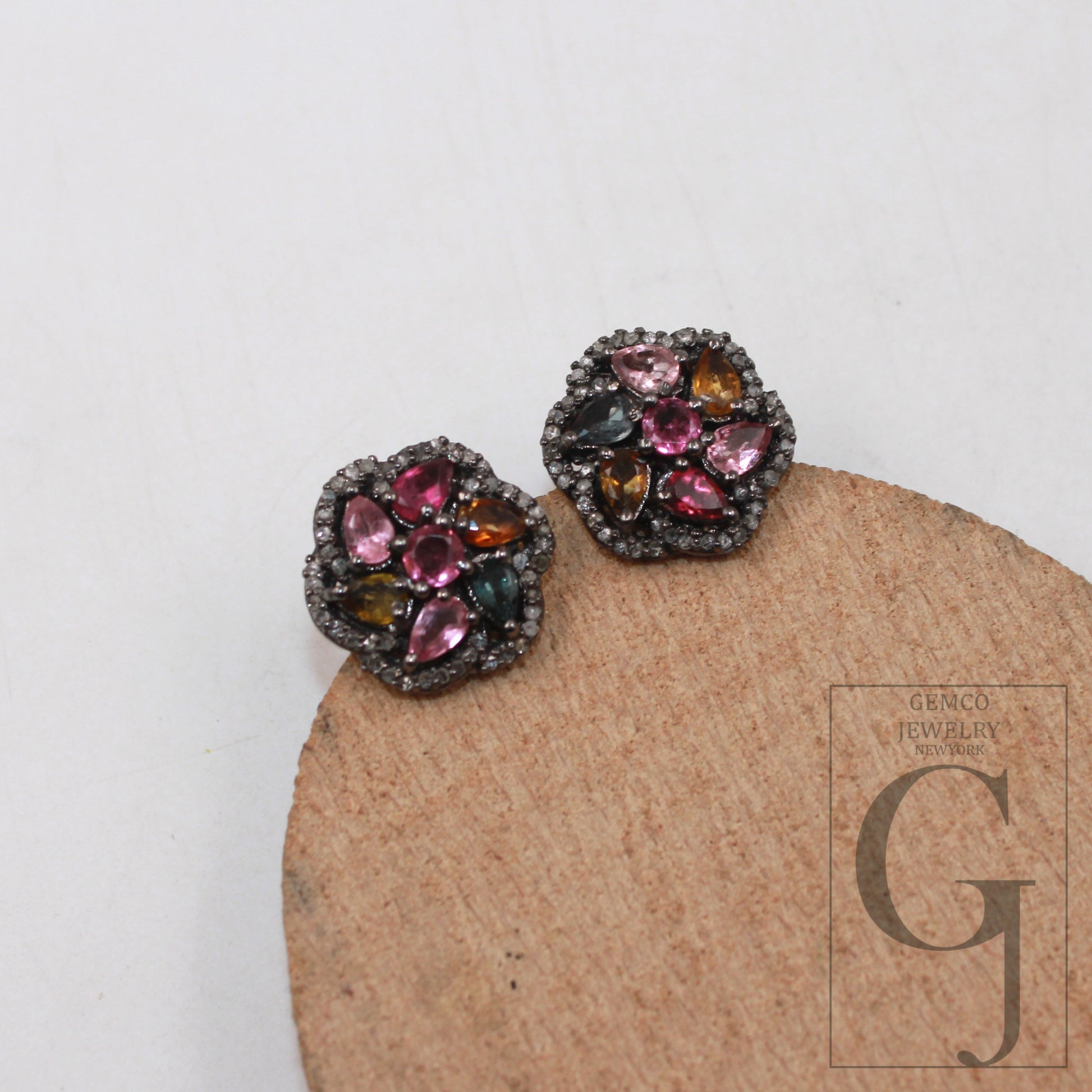 1 pair Flower designer multi tourmaline earring Pave rosecut diamond 925 sterling silver handmade finish diamond pave stud earrings jewelry