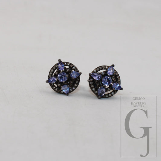 1 Pair Beautiful Designer Tanzanite Stud Earrings Tops Pave Rosecut Diamond 925 Sterling Silver Handmade  Diamond Pave Stud Earrings Jewelry