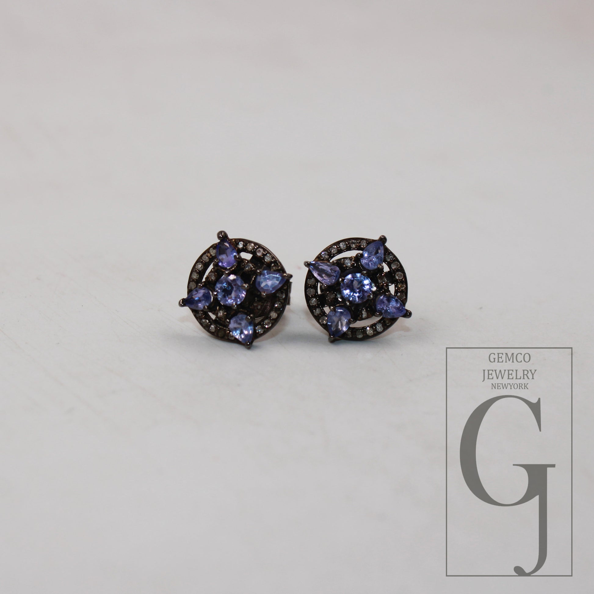 1 Pair Beautiful Designer Tanzanite Stud Earrings Tops Pave Rosecut Diamond 925 Sterling Silver Handmade  Diamond Pave Stud Earrings Jewelry